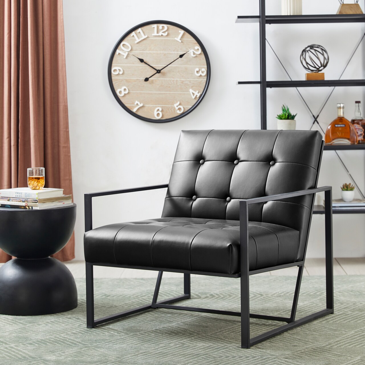 30.5"H Mid-Century Modern Leatherette Button-tufted Accent Arm Chair with Black Metal Frame